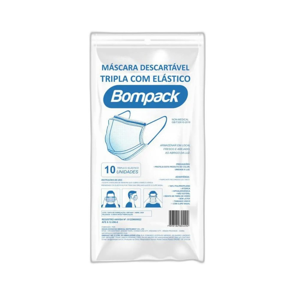 Embalagem da Máscara Descartável Bompack Tripla com 10 unidades